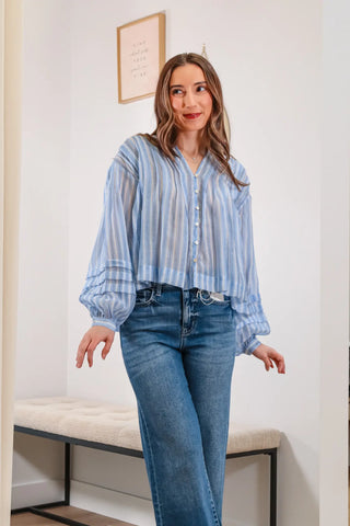 Monochromatic sheer top, spring break top, long sleeve spring top, blouse, blue blouse, blue stripped flowy blouse