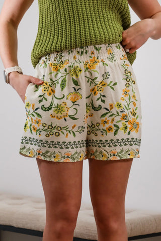 Dandelion Dreams Floral Flowy Shorts – Green & Yellow