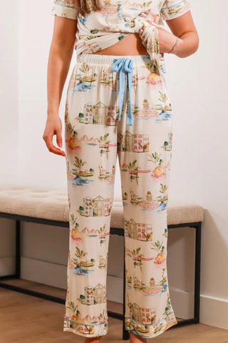 Short sleeve pajamas, short sleeve pajama set, multi colored pajamas, multi color pajama set, patterned pajama set, button down pajamas, button down pajama set