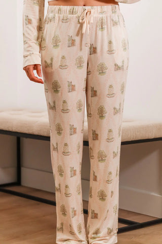 White pajama set, white pajamas, long sleeve pajamas, long sleeve pajama set, multi colored pajamas, multicolor pajama set, patterned pajama set, button down pajamas, button down pajama set