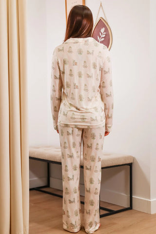 White pajama set, white pajamas, long sleeve pajamas, long sleeve pajama set, multi colored pajamas, multicolor pajama set, patterned pajama set, button down pajamas, button down pajama set