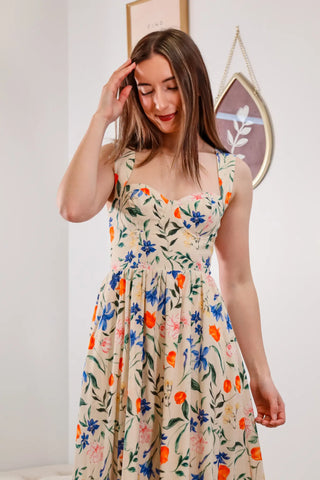 Floral midi dress, open back dress, sweetheart neckline dress, corset top, summer top, cute dress, -5