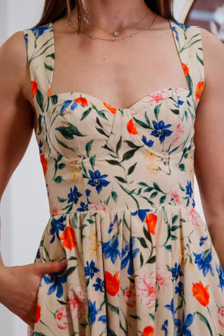 Floral midi dress, open back dress, sweetheart neckline dress, corset top, summer top, cute dress, -2
