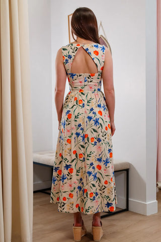 Floral midi dress, open back dress, sweetheart neckline dress, corset top, summer top, cute dress, -7