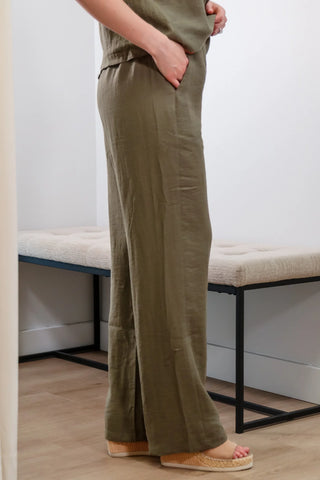 Olive green set, green set, full length pants, cute top with small cutout, comfy set, European outfit, elastic waistband pants, summer sets - 5