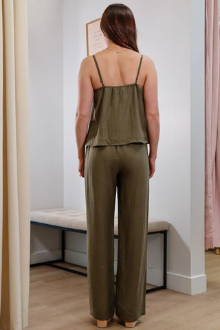 Olive green set, green set, full length pants, cute top with small cutout, comfy set, European outfit, elastic waistband pants, summer sets-7