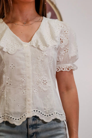 White eyelet top, eyelet top, white top, short sleeve top, collar top, cinch in back, summer top, cute top -4