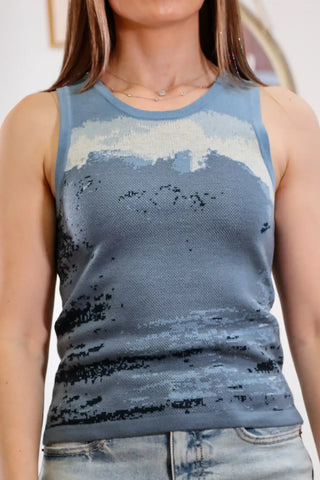 Blue top, unique top, cute tops, sleeveless top, nature design, knit fabric, comfy top, full length top - 3