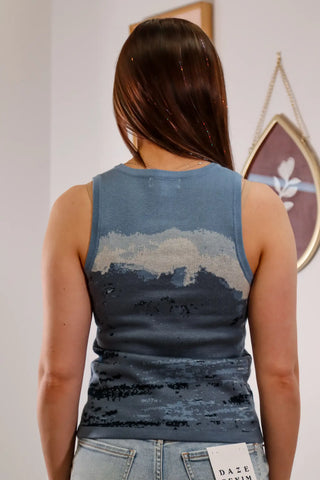 Blue top, unique top, cute tops, sleeveless top, nature design, knit fabric, comfy top, full length top - 1