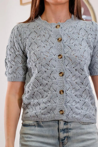 Knit cardigan, short sleeve top, light blue top, full length cardigan, natural buttons, knit pattern top -2