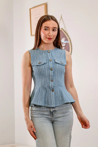 Light blue vest, blue vest, blue top, top with flare, sleeveless top, knit top, outfit inspo - 3