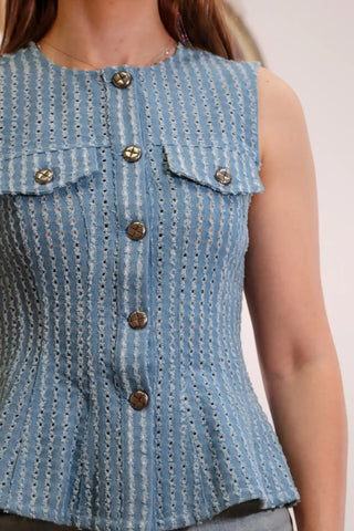 Light blue vest, blue vest, blue top, top with flare, sleeveless top, knit top, outfit inspo - 5