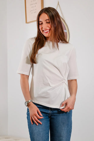 white t shirt, basic tee, ruched t shirt, short sleeve tee, white short sleeve top 