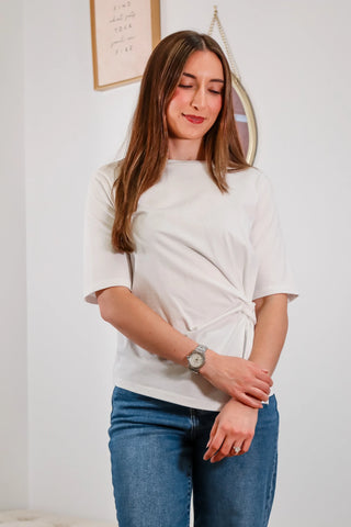white t shirt, basic tee, ruched t shirt, short sleeve tee, white short sleeve top 