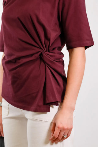 red short sleeve tee, burgundy tee, ruched t shirt, red top, wine top, wine t shirt