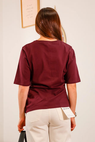 red short sleeve tee, burgundy tee, ruched t shirt, red top, wine top, wine t shirt