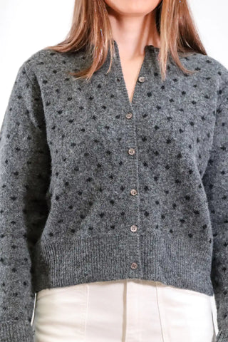 polka dot sweater, grey sweater, long sleeve sweater, cardigan sweater, black and grey sweater, polka dot top