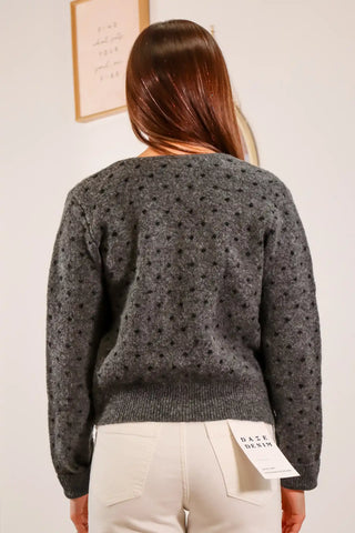 polka dot sweater, grey sweater, long sleeve sweater, cardigan sweater, black and grey sweater, polka dot top