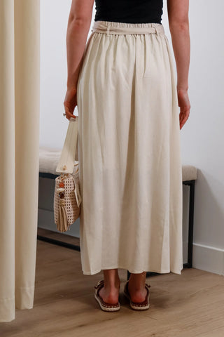 midi skirt, linen skirt, button front skirt, beige skirt, midi linen skirt, elastic waistband skirt