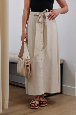 midi skirt, linen skirt, button front skirt, beige skirt, midi linen skirt, elastic waistband skirt