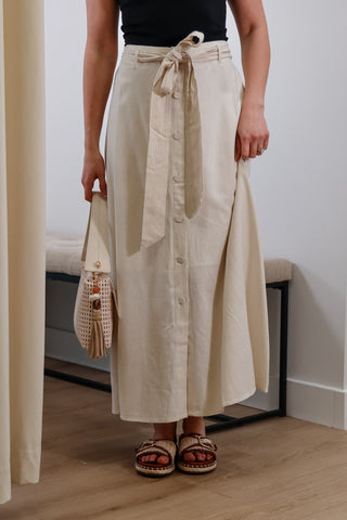 midi skirt, linen skirt, button front skirt, beige skirt, midi linen skirt, elastic waistband skirt