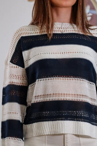 Summer sweater, Boat dinner/day outfit inspo, beach dinner outfit inspo, coastal outfit inspo, blue and white sweater, preppy sweater, clean girl outfit inspo, aesthetic sweater, blue and white sweater.