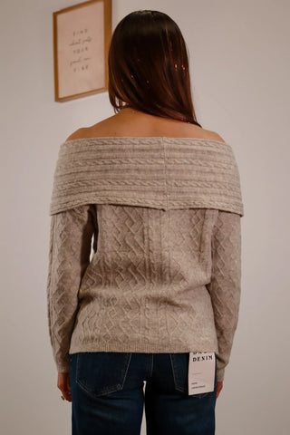 off the shoulder sweater, grey sweater, cable knit sweater, slouchy sweater, going out sweater, light sweater, cute sweater, fold over sweater, off the shoulder top