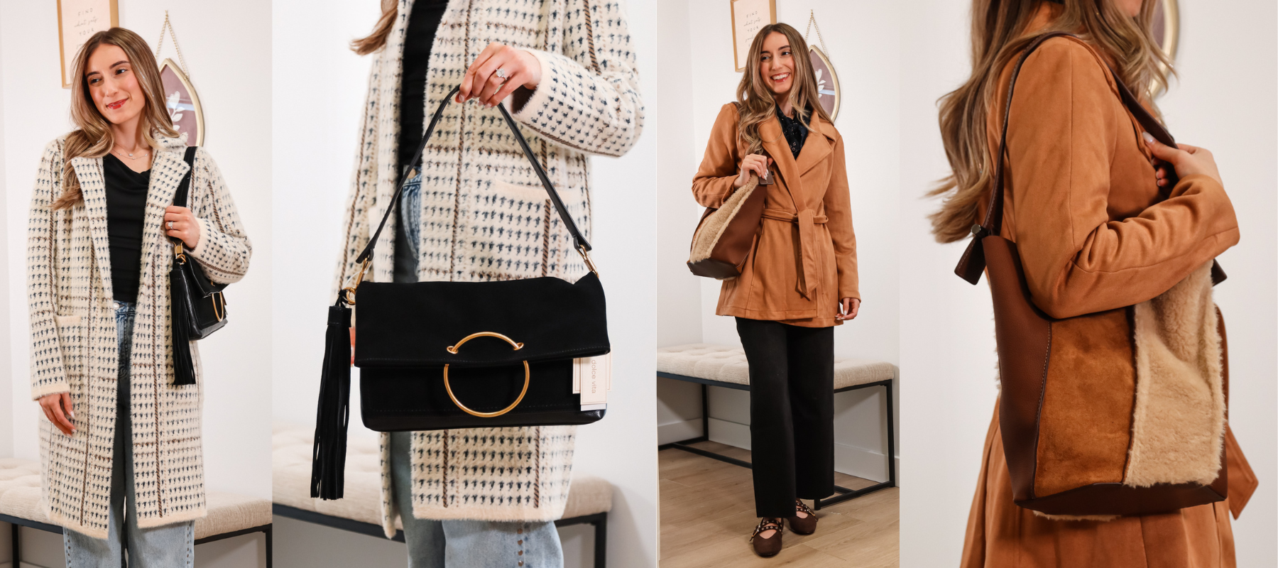 houndstooth soft coat, black dolce vita purse, faux suede camel colored coat, mixed materials bucket bag