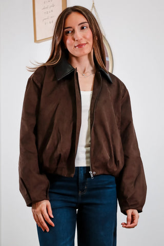 Brown jacket, short brown jacket, suede brown jacket, Jacket for fall, Trending jackets, trendy brown jackets.
