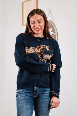 Cute fall cardigan, fall sweater, horse sweater, horse pull over, navy blue sweater, comfortable pull over, trending pullover, fall outfit inspo