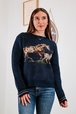 Cute fall cardigan, fall sweater, horse sweater, horse pull over, navy blue sweater, comfortable pull over, trending pullover, fall outfit inspo