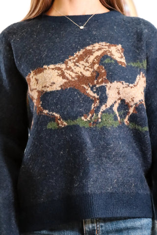 Cute fall cardigan, fall sweater, horse sweater, horse pull over, navy blue sweater, comfortable pull over, trending pullover, fall outfit inspo
