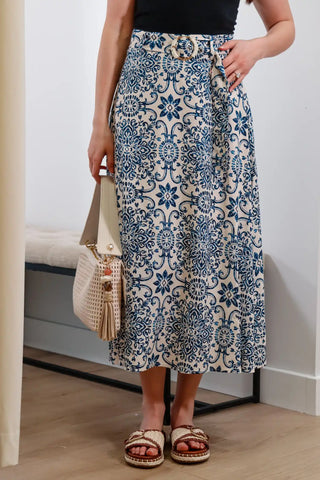 Blue and white skirt, midi skirt, skirt with belt, summer skirt, patterned skirt, skirt with design, cute skirt