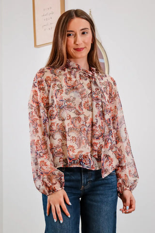 Paisley top, flowy top, high neck blouse, paisley blouse, tie blouse, long sleeve blouse, orange and blue blouse, cream blouse 
