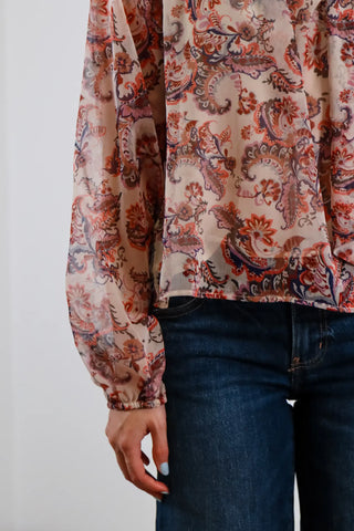Paisley top, flowy top, high neck blouse, paisley blouse, tie blouse, long sleeve blouse, orange and blue blouse, cream blouse 