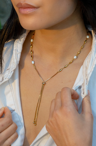 classy gold necklace with pearl accents, gold long necklace with a tie