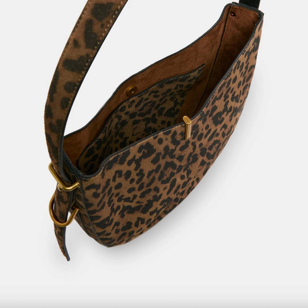 Leopard print handbag with a gold buckle on a white background