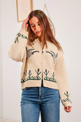 bird sweater, geese sweater, zip up sweater, cream sweater, patterned sweater 