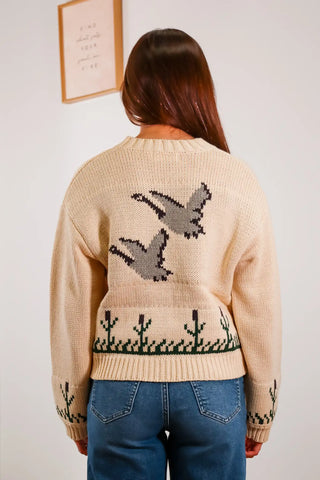 bird sweater, geese sweater, zip up sweater, cream sweater, patterned sweater 