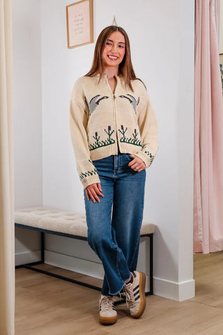 bird sweater, geese sweater, zip up sweater, cream sweater, patterned sweater 
