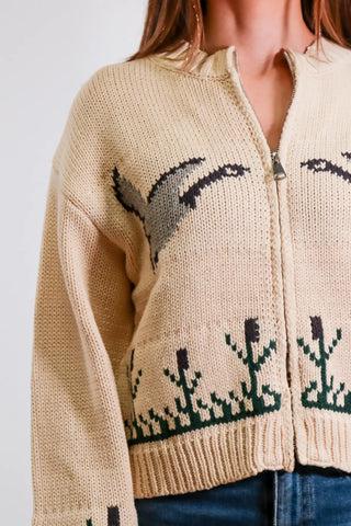 bird sweater, geese sweater, zip up sweater, cream sweater, patterned sweater 