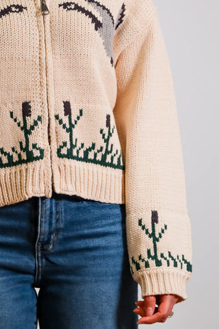 bird sweater, geese sweater, zip up sweater, cream sweater, patterned sweater 