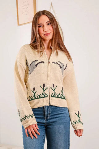 bird sweater, geese sweater, zip up sweater, cream sweater, patterned sweater 